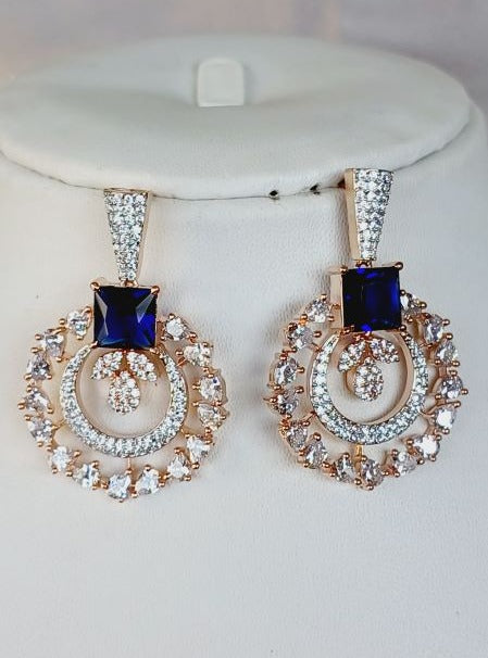 American Diamond Blue Kamya Chandbali Earrings Rose Gold