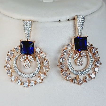 American Diamond Blue Kamya Chandbali Earrings Rose Gold