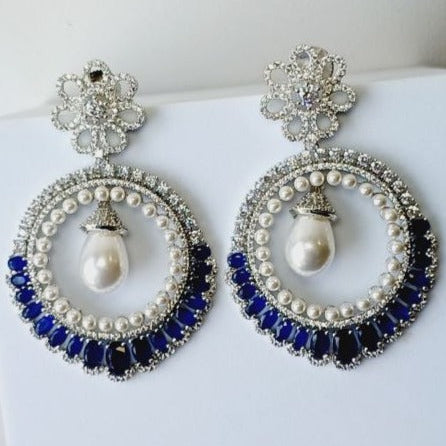 American Diamond Blue Ziva Chandbali Earrings