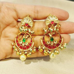 Kundan Aahi Chandbali Earrings with Red, Green Stones and Pearls and Beads