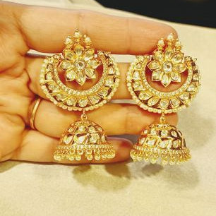 Kundan Gold Bhama Chandbali Jhumki Earrings with Pearl Detailing