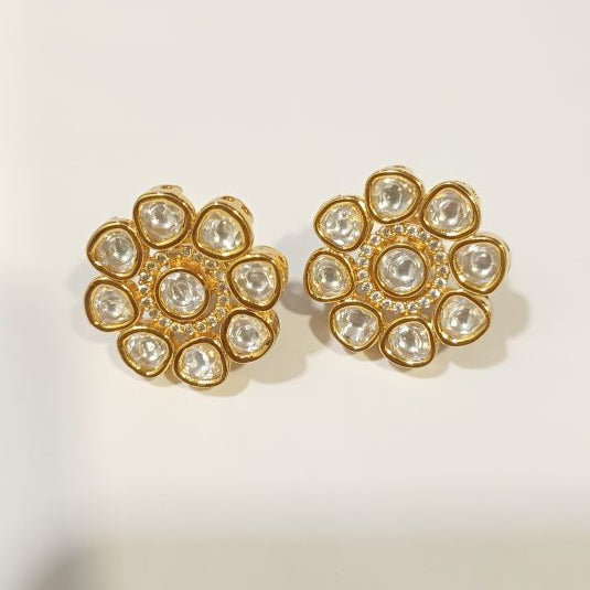 Gold Kundan Floral Studs Earrings with American Diamonds