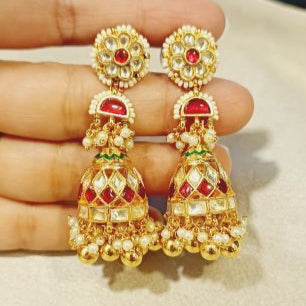 Kundan Gaytri Jhumki Earrings with Red Stones, Pearls and Golden Beads