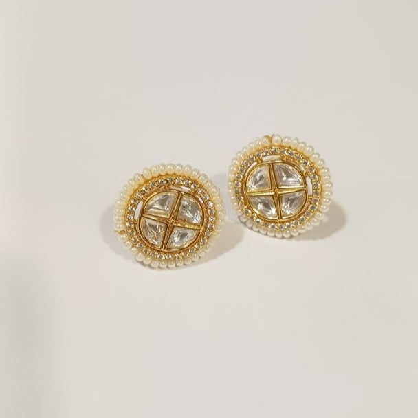 Gold Kundan Leena Studs Earrings with Pearl & American Diamonds