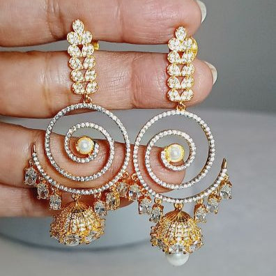 American Diamond Gold Mihira Chandbali Jhumki Earrings