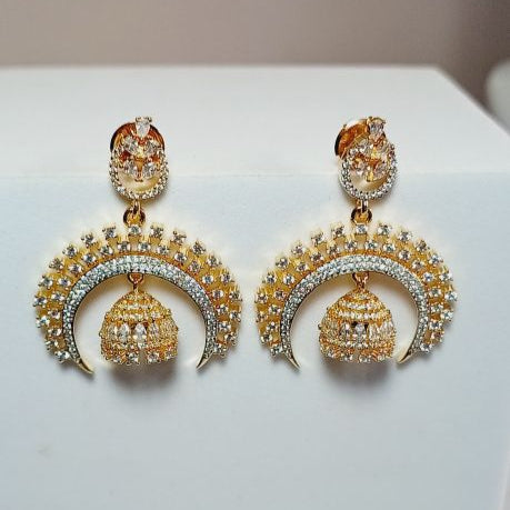 American Diamond Gold Ovee Chandbali Jhumki Earrings