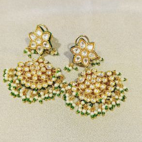 Kundan Siya Dangle Earrings with Green Mina and Pearl Detailing