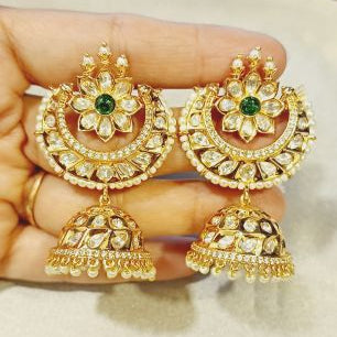 Kundan Green Bhama Chandbali Jhumki Earrings with Pearl Detailing