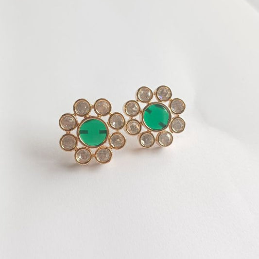 Green Dhanvi Kundan Studs Earrings with Carat Plating on Brass