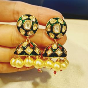 Kundan Divya Jhumki Earrings with Green and Red mina Work and Pearl Hangings