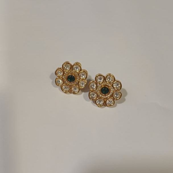 Gold Kundan Floral Studs Earrings with Green Center and American Diamonds