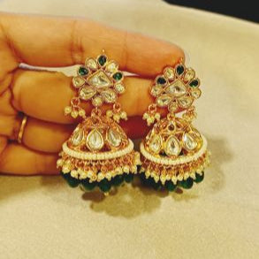 Green Kundan Saanvi Jhumki Earrings with Pearls
