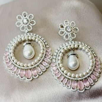 American Diamond Pink Ziva Chandbali Earrings