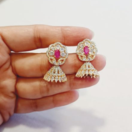 American Diamond Red Ayra Jhumki Earrings