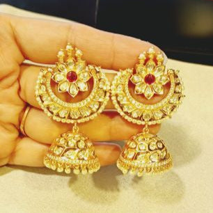 Red Bhama Kundan Chandbali Jhumki Earrings with Pearl Detailing