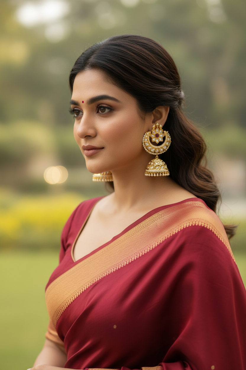 Red Bhama Kundan Chandbali Jhumki