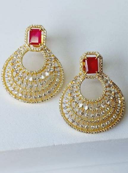 American Diamond Red Celina Chandbali Earrings