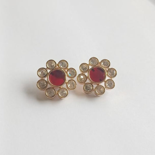 Red Dhanvi Kundan Studs with Carat Plating on Brass