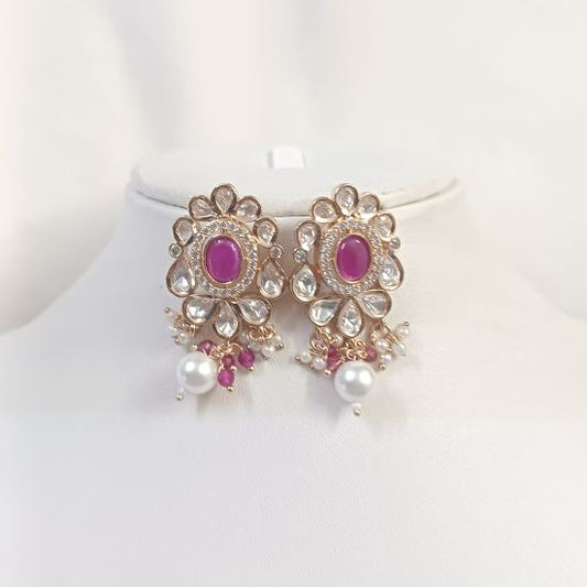 Pink Dhara Kundan Drop Earrings with Carat Gold Plating on Brass