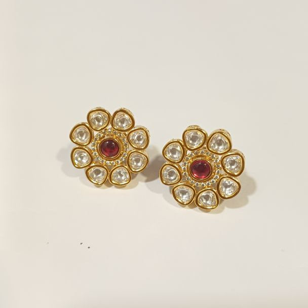 Gold Kundan Floral Studs Earrings with Red Center Stone and American Diamonds