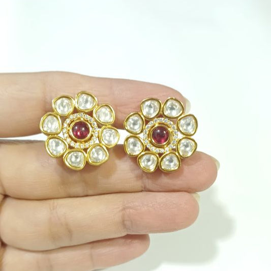 Red Floral Kundan Studs