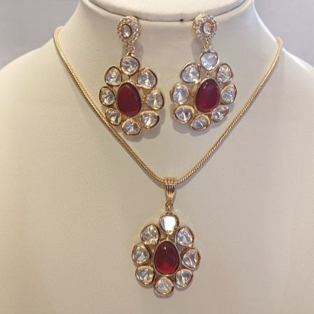 Red Rekha Kundan Pendant Set