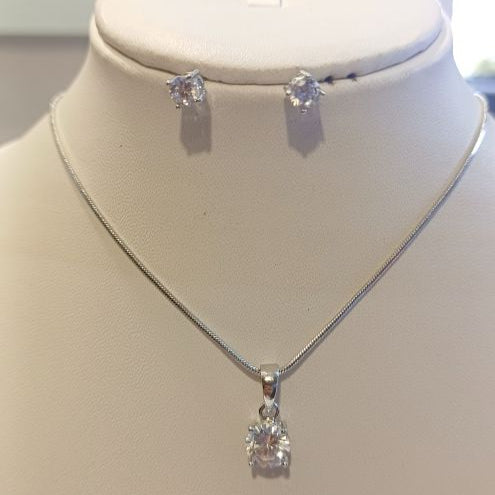 American Diamond Silver Solitaire Pendant Set