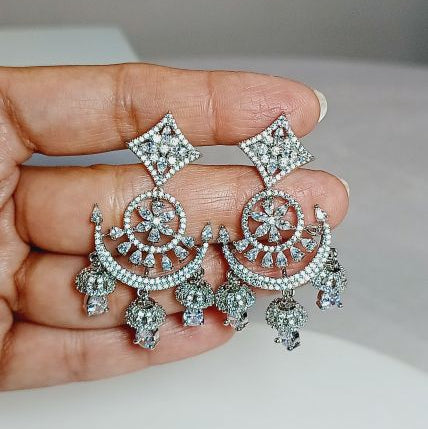 American Diamond Silver Nurvi Chandbali Jhumki Earrings