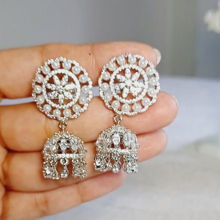 Silver Saisha American Diamond Stud Jhumki Earrings
