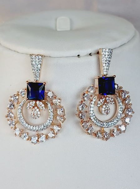 American Diamond Blue Kamya Chandbali Earrings Rose Gold 