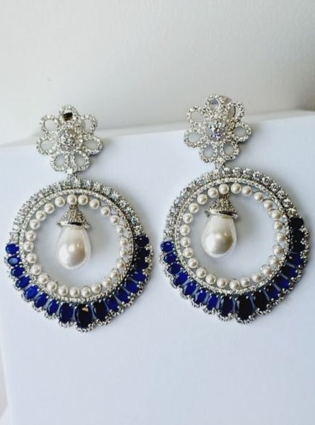 American Diamond Blue Ziva Chandbali Earrings