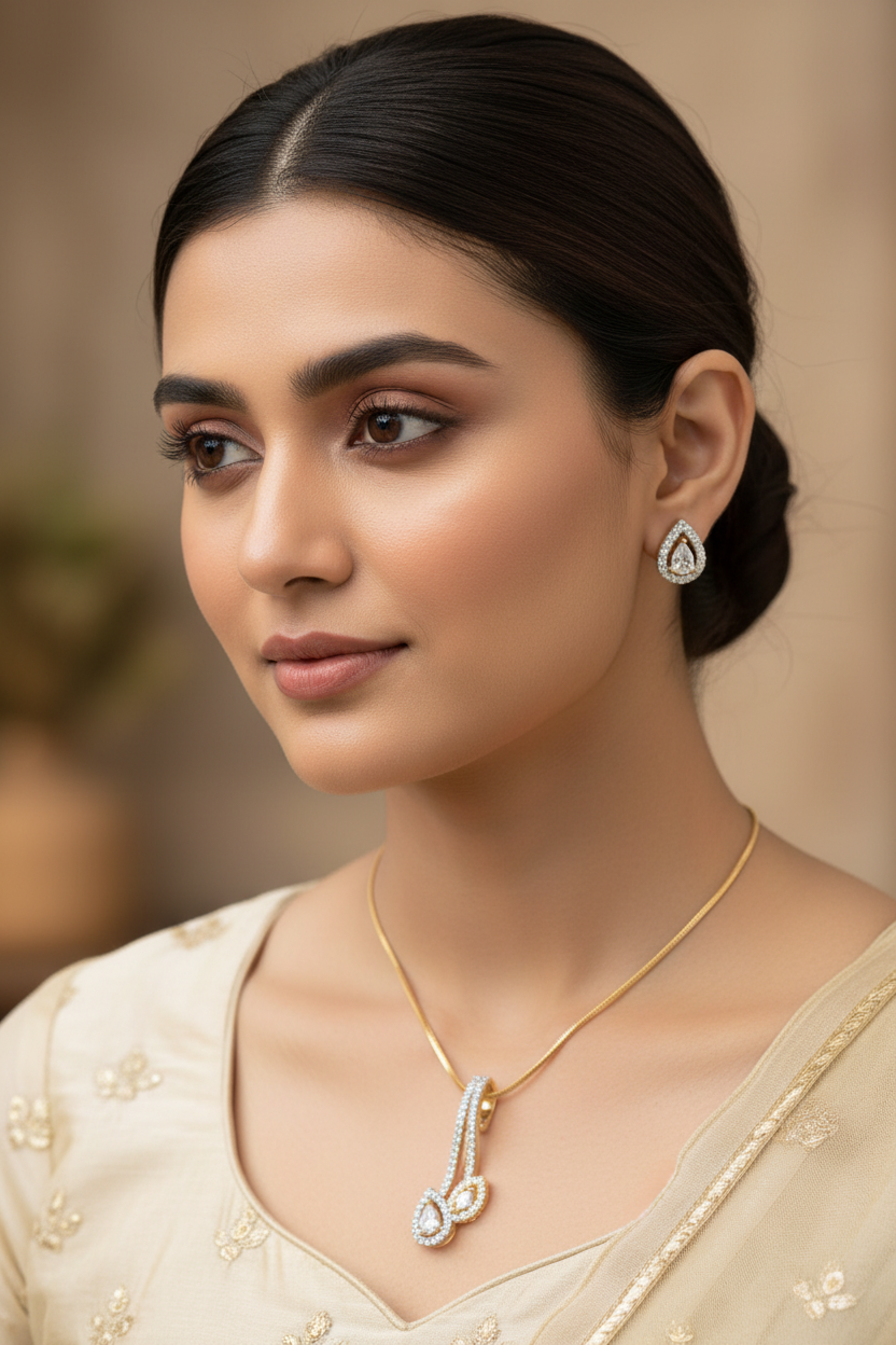 Gold Bharti Diamond Pendant Set