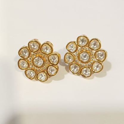 Gold Kundan Floral Studs Earrings with American Diamonds