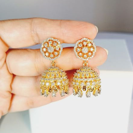 American Diamond Gold Hirva Jhumki Earrings