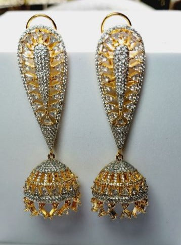 American Diamond Long Gold Jhumki Earrings