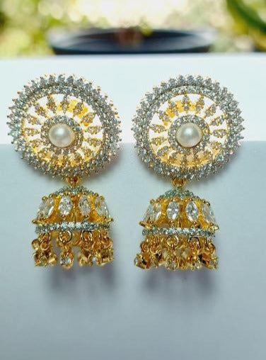 American Diamond Gold Pavi Jhumki Earrings