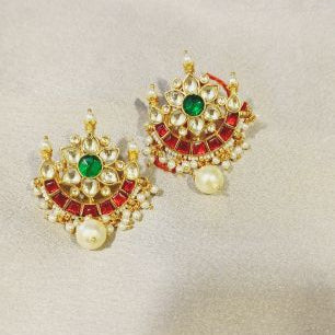 Kundan Saachi Studs Earrings with Red & Green Stones and Pearl Hangings