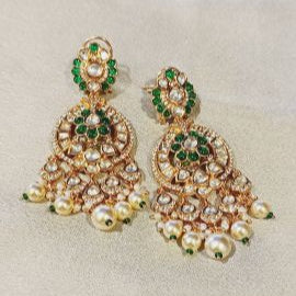 Kundan Green Cavery Dangle Earrings with Pearl Hangings