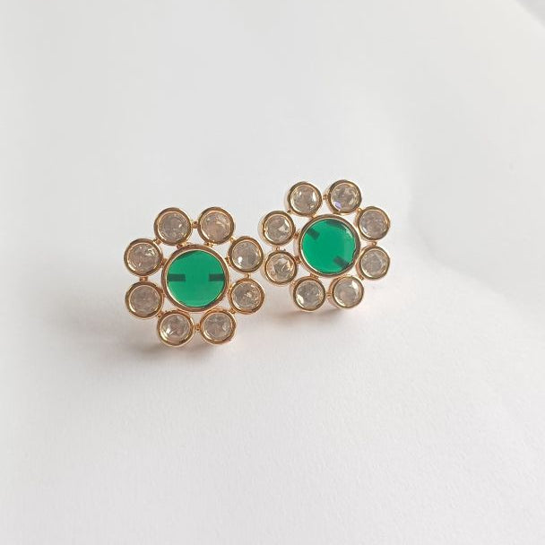 Green Dhanvi Kundan Studs Earrings with Carat Plating on Brass