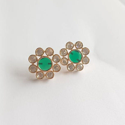 Green Dhanvi Kundan Studs Earrings with Carat Plating on Brass