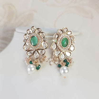 Green Dhara Kundan Drop Earrings with Carat Plating on Brass