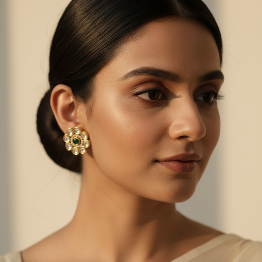 Green Floral Kundan Studs