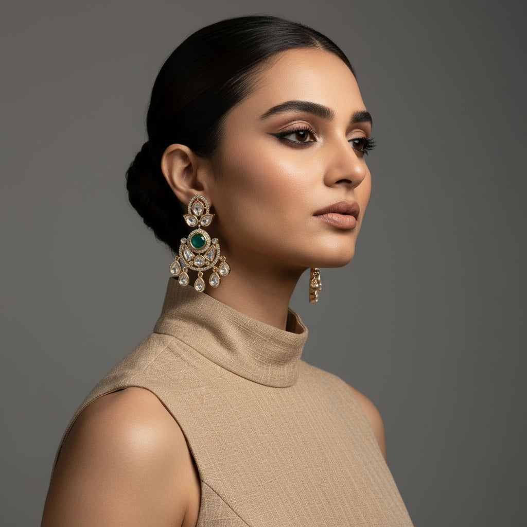 Gold Harshi Kundan Chandbali with carat plating on Brass