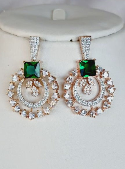 American Diamond Green Kamya Chandbali Earrings Rose Gold 