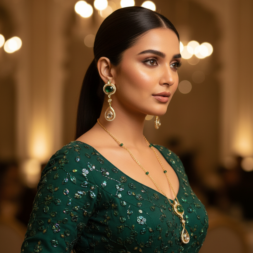 Green Prapti Kundan Pendant Set