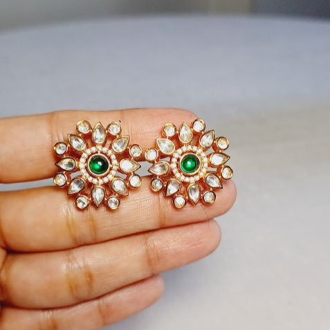 Green Reya Kundan Studs Gold