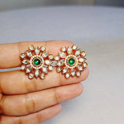 Green Reya Kundan Studs Gold