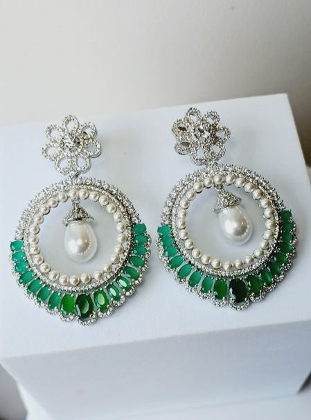 American Diamond Green Ziva Chandbali Earrings