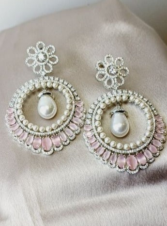 American Diamond Pink Ziva Chandbali Earrings