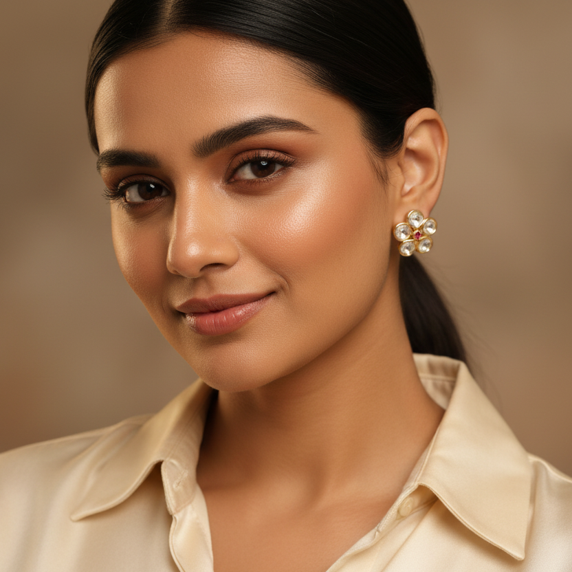 Red Anasia Kundan Studs Gold